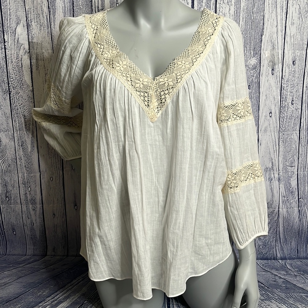 Rebecca Taylor Ivory Crochet Trim Cotton Muslin Peasant Pullover Top, 6